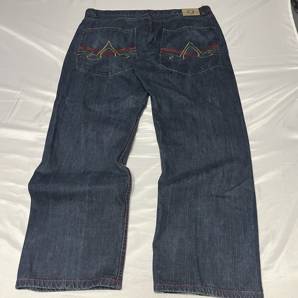 Y2K Qruel Jeans Men's Fits 40x32 Blue Denim Embroidered Wide Leg Baggy Skater